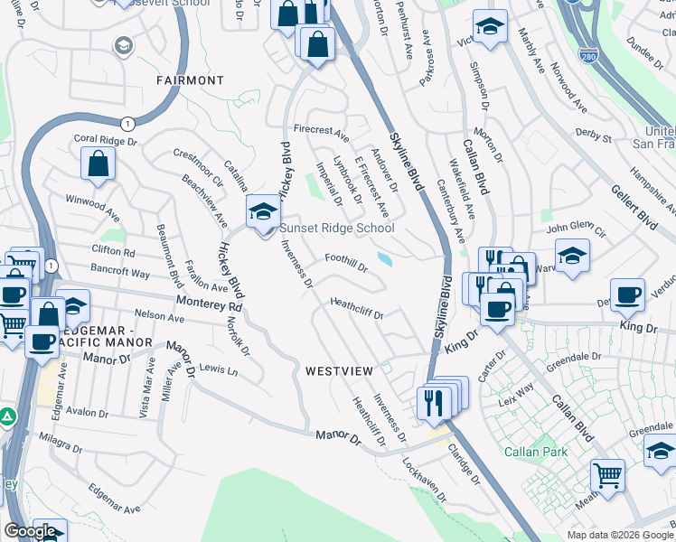 map of restaurants, bars, coffee shops, grocery stores, and more near 205 Rockaway Beach Avenue in Pacifica