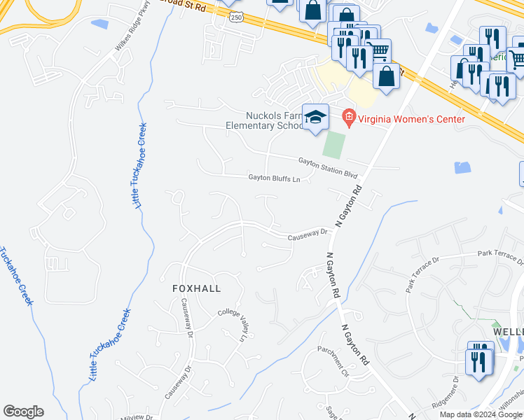 map of restaurants, bars, coffee shops, grocery stores, and more near 13618 Cartwright Lane in Richmond
