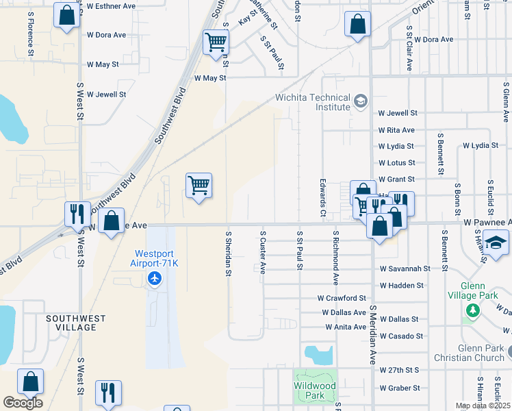 map of restaurants, bars, coffee shops, grocery stores, and more near 3002 West Pawnee Street in Wichita
