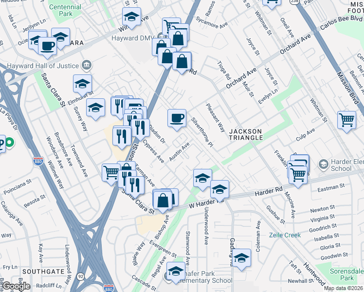 map of restaurants, bars, coffee shops, grocery stores, and more near 24993 Huntwood Avenue in Hayward