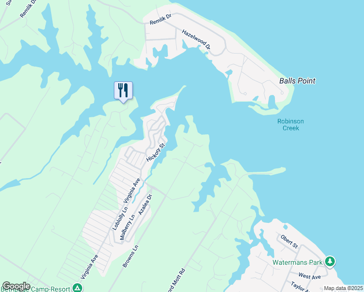map of restaurants, bars, coffee shops, grocery stores, and more near 1003 Browns Lane in Urbanna