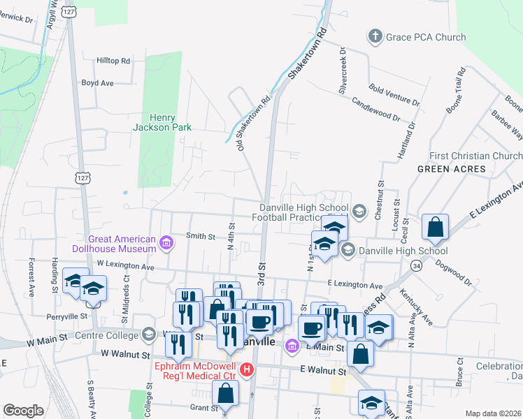 map of restaurants, bars, coffee shops, grocery stores, and more near 607 Old Shakertown Road in Danville