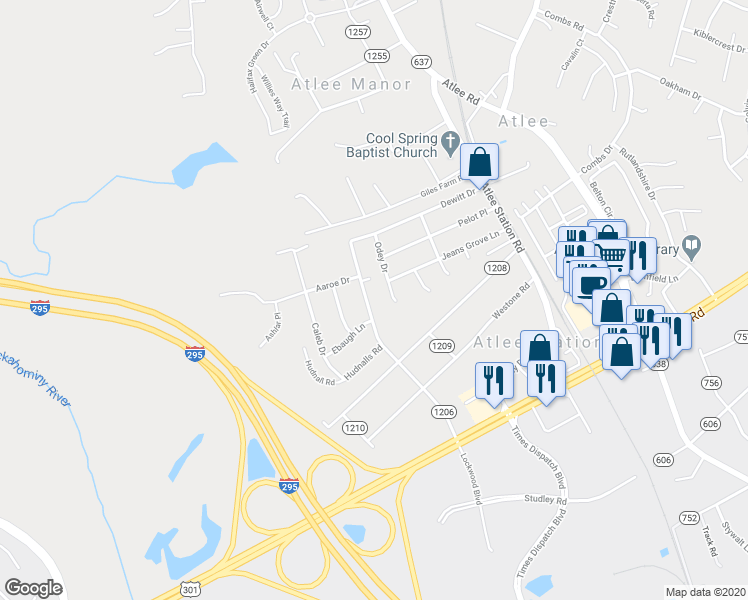 map of restaurants, bars, coffee shops, grocery stores, and more near 9162 Cudlipp Avenue in Mechanicsville
