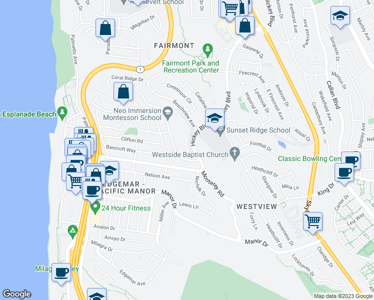 map of restaurants, bars, coffee shops, grocery stores, and more near 278 Beachview Avenue in Pacifica