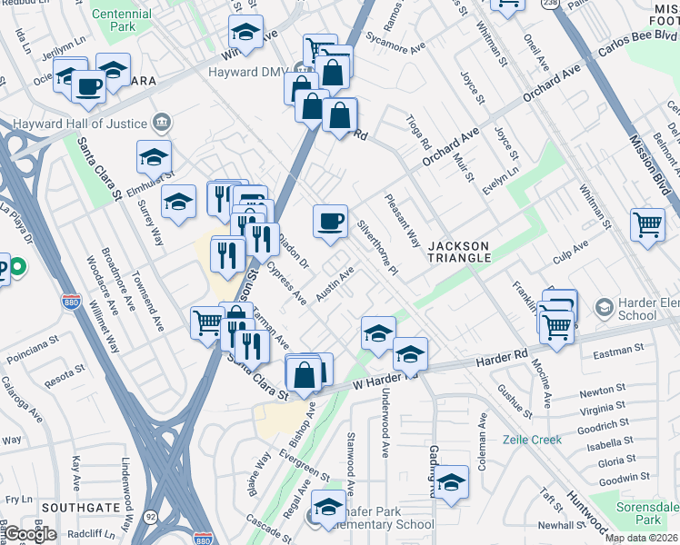 map of restaurants, bars, coffee shops, grocery stores, and more near 24993 Huntwood Avenue in Hayward