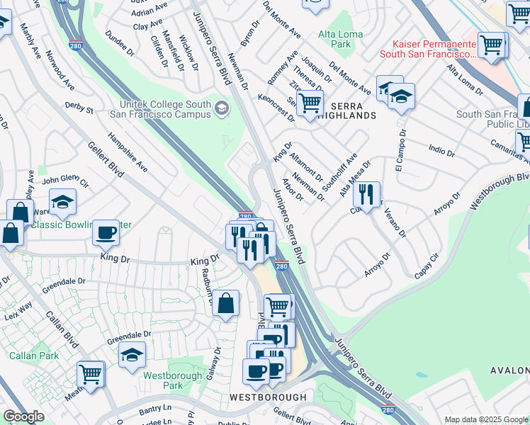 map of restaurants, bars, coffee shops, grocery stores, and more near 45 Hyde Court in Daly City