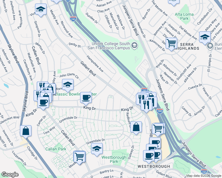 map of restaurants, bars, coffee shops, grocery stores, and more near 228 Hampshire Court in Daly City