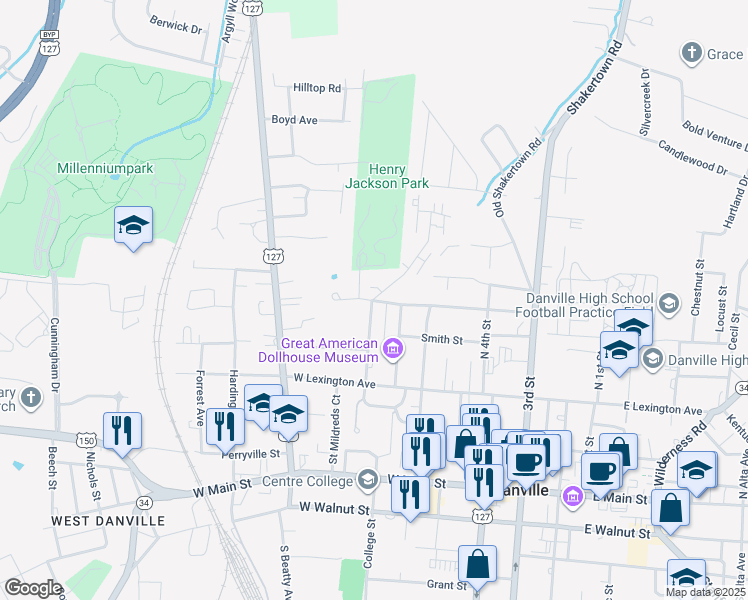 map of restaurants, bars, coffee shops, grocery stores, and more near 97 Holladay Drive in Danville