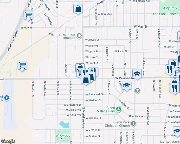 map of restaurants, bars, coffee shops, grocery stores, and more near 2404 West Pawnee Street in Wichita