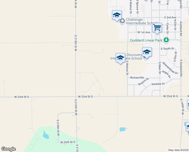 map of restaurants, bars, coffee shops, grocery stores, and more near 20816 West 23rd Street South in Goddard