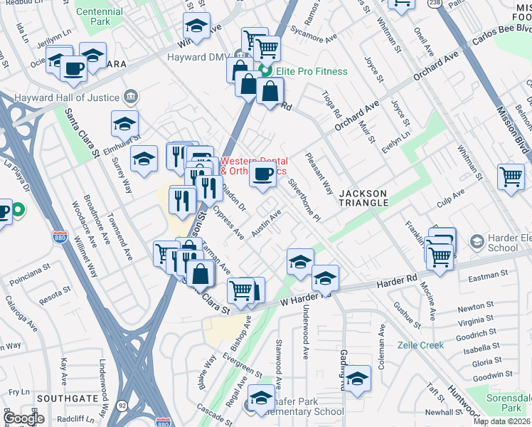 map of restaurants, bars, coffee shops, grocery stores, and more near 24967 Huntwood Avenue in Hayward