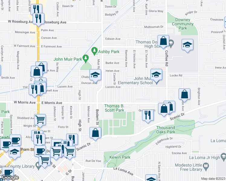 map of restaurants, bars, coffee shops, grocery stores, and more near 537 Castle Street in Modesto