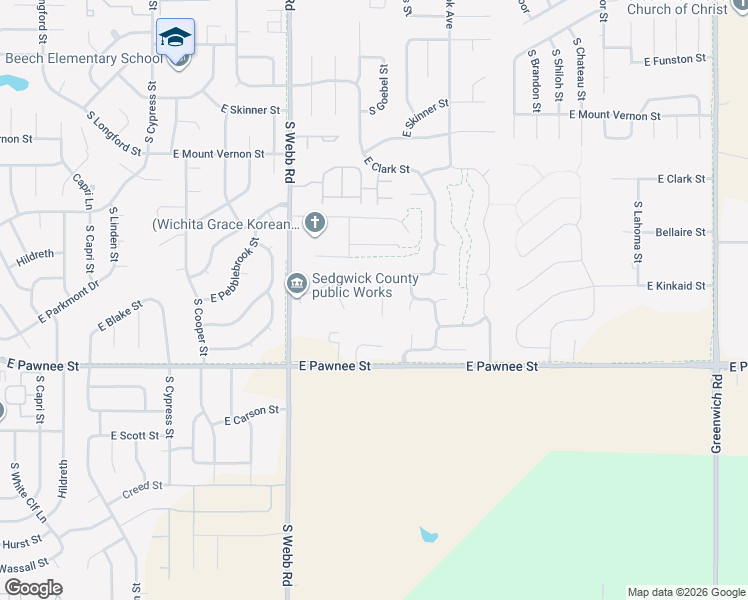 map of restaurants, bars, coffee shops, grocery stores, and more near 9940 East Kinkaid Circle in Wichita