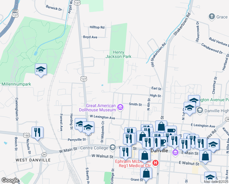 map of restaurants, bars, coffee shops, grocery stores, and more near 97 Holladay Drive in Danville