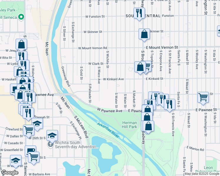 map of restaurants, bars, coffee shops, grocery stores, and more near 2238 South Wichita Street in Wichita