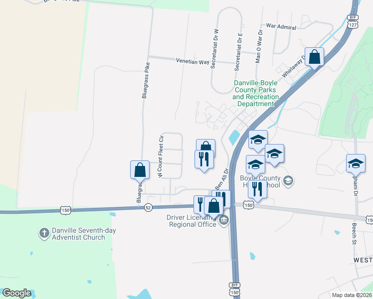 map of restaurants, bars, coffee shops, grocery stores, and more near 957 East Count Fleet Circle in Danville