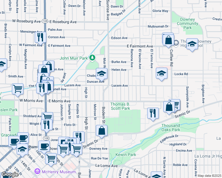 map of restaurants, bars, coffee shops, grocery stores, and more near 537 Auburn Street in Modesto
