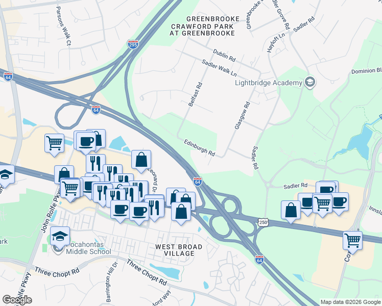 map of restaurants, bars, coffee shops, grocery stores, and more near 11572 Edinburgh Road in Glen Allen