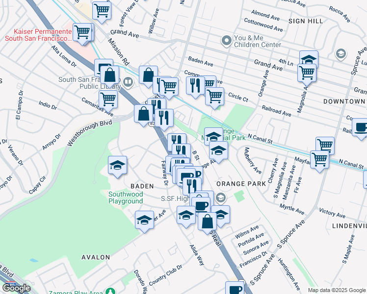map of restaurants, bars, coffee shops, grocery stores, and more near 101 2nd Street in South San Francisco