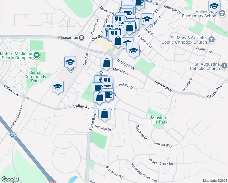 map of restaurants, bars, coffee shops, grocery stores, and more near 90 Mission Drive in Pleasanton