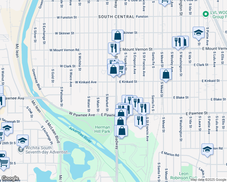 map of restaurants, bars, coffee shops, grocery stores, and more near 2245 South Broadway Avenue in Wichita