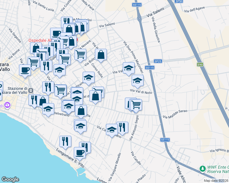 map of restaurants, bars, coffee shops, grocery stores, and more near 14 Via Libano in Mazara del Vallo