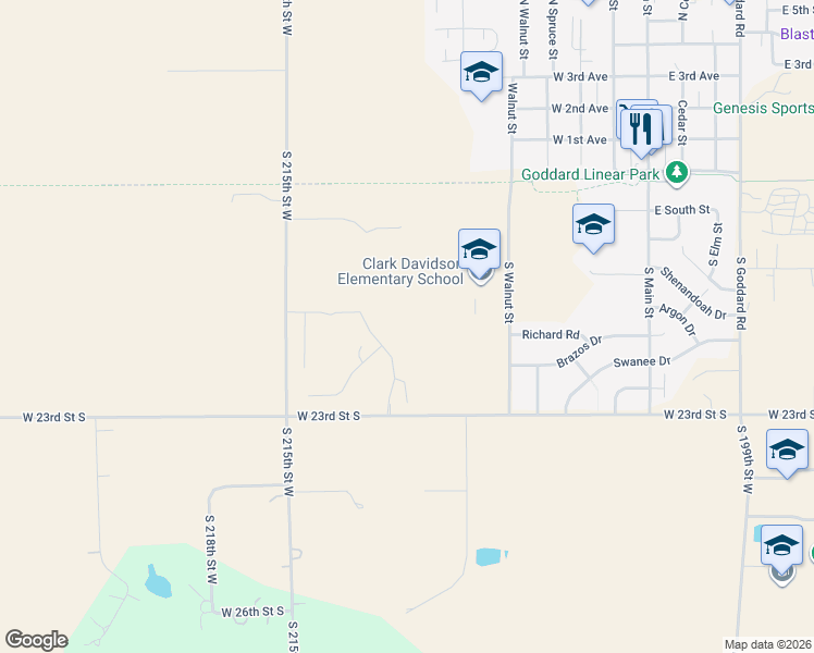 map of restaurants, bars, coffee shops, grocery stores, and more near 20816 West 23rd Street South in Goddard