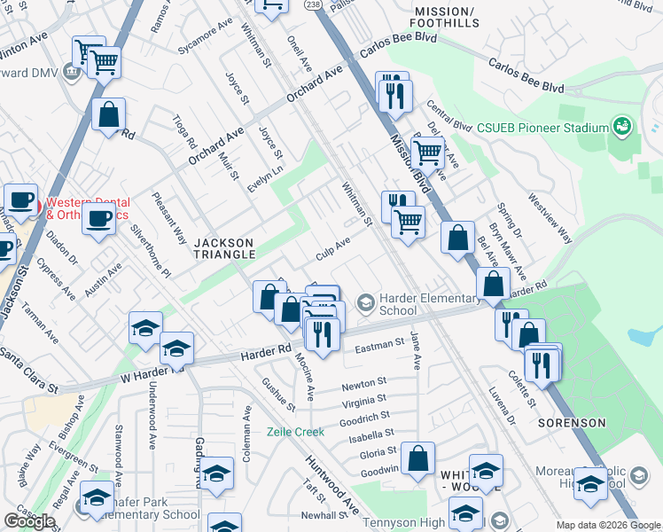 map of restaurants, bars, coffee shops, grocery stores, and more near 485 Culp Avenue in Hayward
