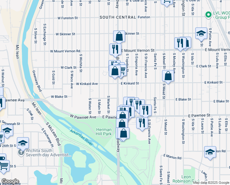 map of restaurants, bars, coffee shops, grocery stores, and more near 2206 South Market Street in Wichita