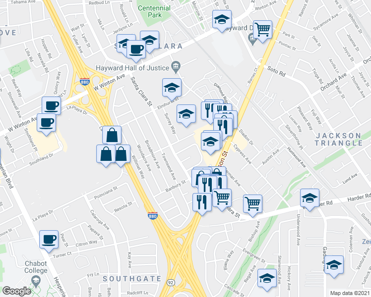 map of restaurants, bars, coffee shops, grocery stores, and more near Downen Place in Hayward