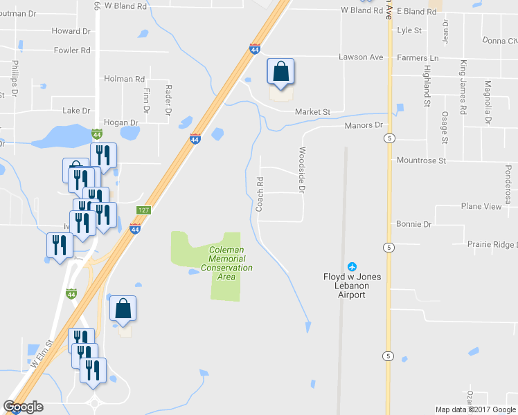 map of restaurants, bars, coffee shops, grocery stores, and more near 318 Coach Road in Lebanon