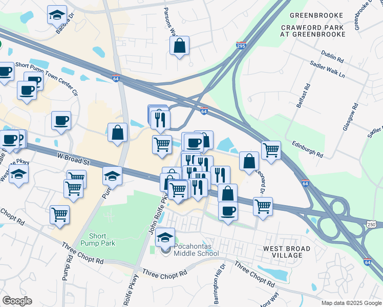map of restaurants, bars, coffee shops, grocery stores, and more near 11290 West Broad Street in Glen Allen