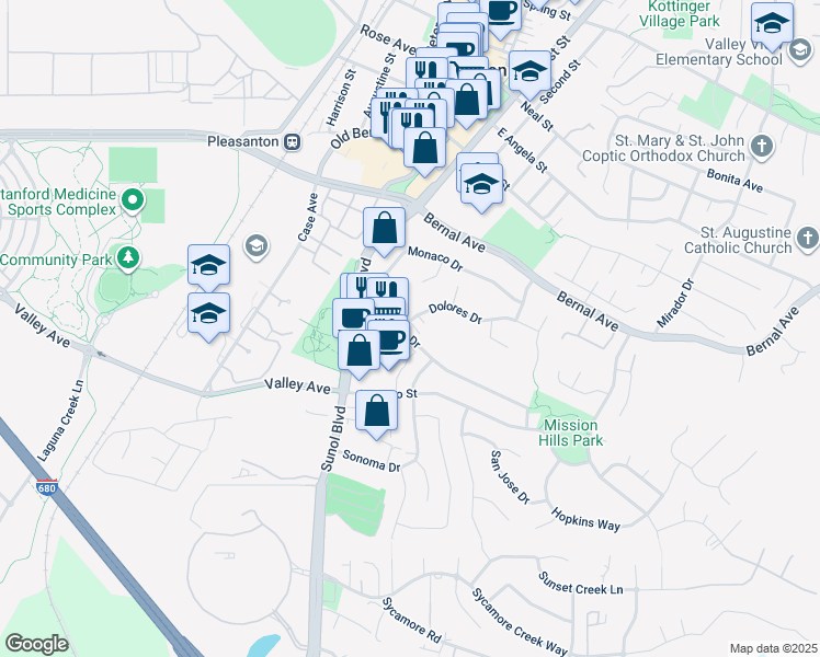 map of restaurants, bars, coffee shops, grocery stores, and more near 90 Mission Drive in Pleasanton