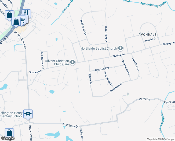 map of restaurants, bars, coffee shops, grocery stores, and more near 9153 Fenway Drive in Mechanicsville