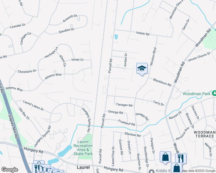 map of restaurants, bars, coffee shops, grocery stores, and more near 10152 Purcell Road in Henrico