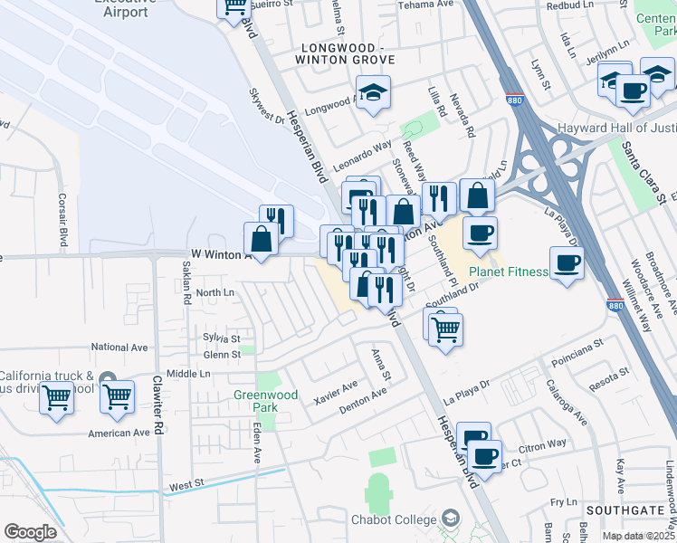 map of restaurants, bars, coffee shops, grocery stores, and more near 24011 Hesperian Boulevard in Hayward