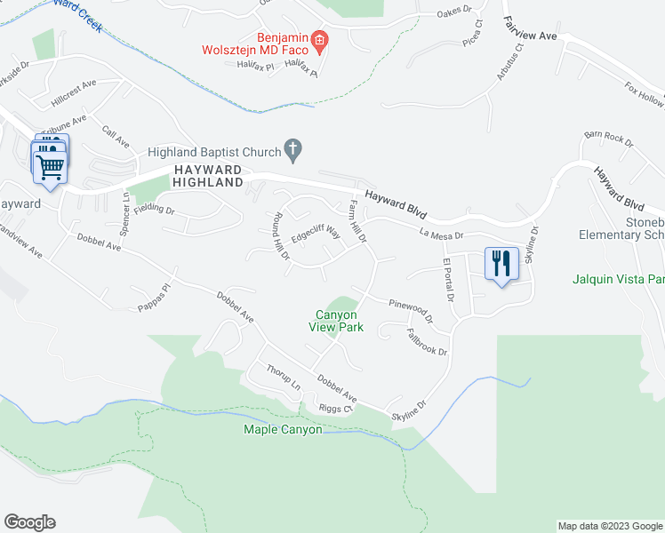 map of restaurants, bars, coffee shops, grocery stores, and more near 3293 Round Hill Drive in Hayward