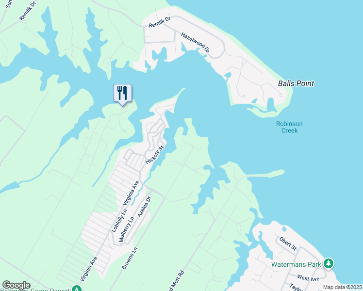 map of restaurants, bars, coffee shops, grocery stores, and more near 1003 Browns Lane in Urbanna