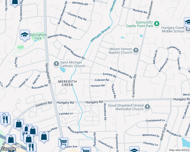 map of restaurants, bars, coffee shops, grocery stores, and more near 9320 Emmett Road in Glen Allen