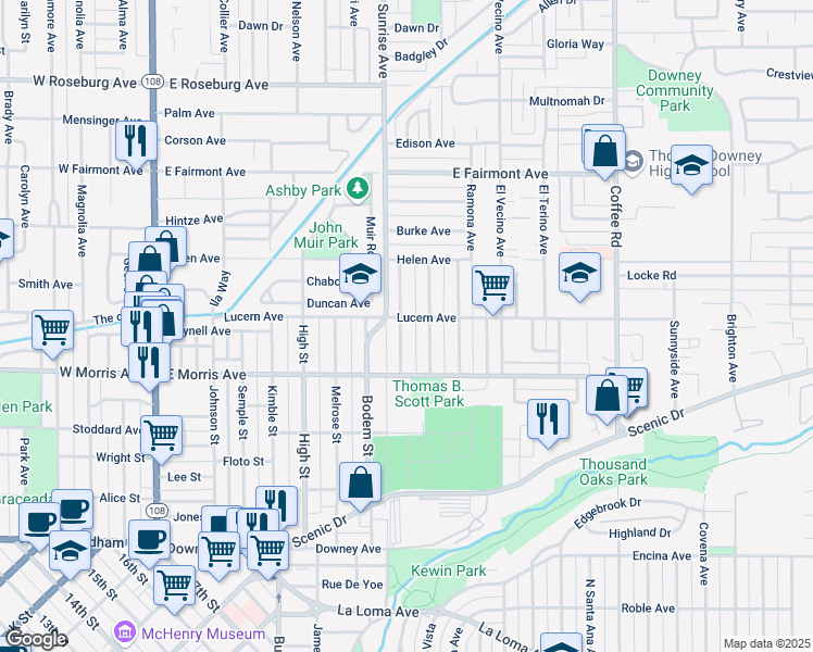 map of restaurants, bars, coffee shops, grocery stores, and more near 606 Auburn Street in Modesto