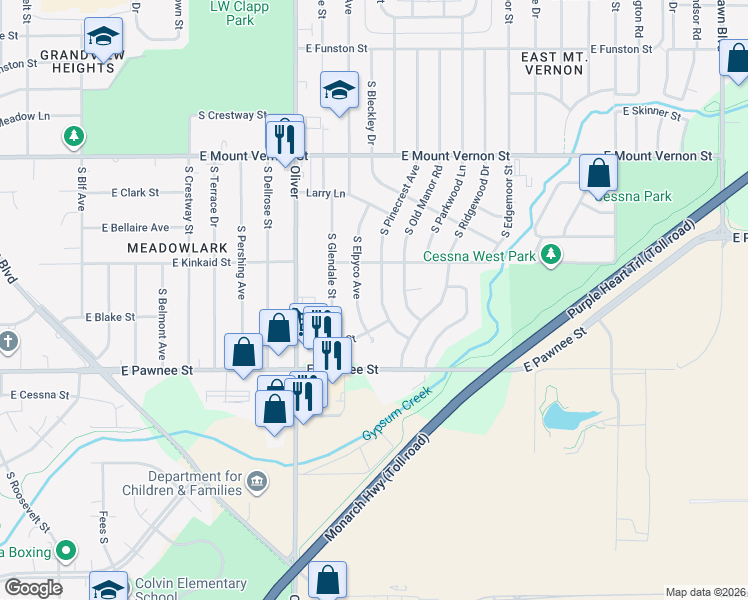 map of restaurants, bars, coffee shops, grocery stores, and more near 2226 South Pinecrest Street in Wichita
