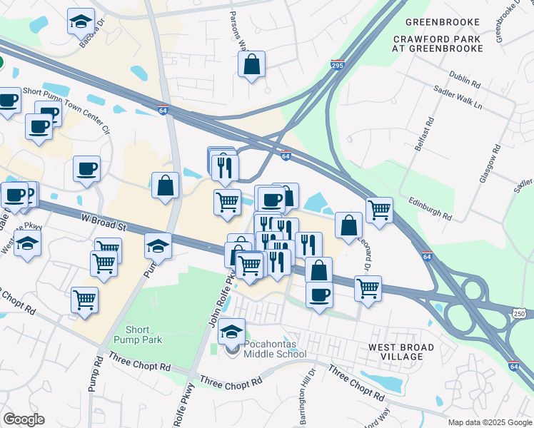 map of restaurants, bars, coffee shops, grocery stores, and more near 11290 West Broad Street in Glen Allen