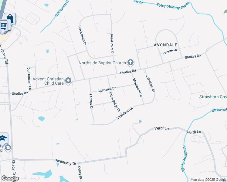 map of restaurants, bars, coffee shops, grocery stores, and more near 9160 Robin Ridge Drive in Mechanicsville