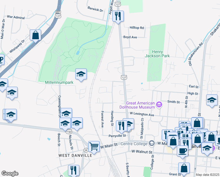 map of restaurants, bars, coffee shops, grocery stores, and more near 922 Rosemont Avenue in Danville