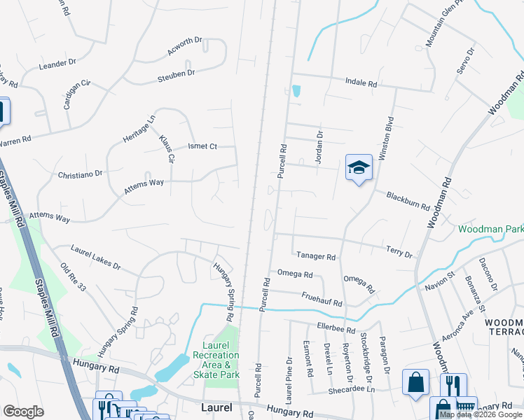 map of restaurants, bars, coffee shops, grocery stores, and more near 10154 Purcell Road in Richmond