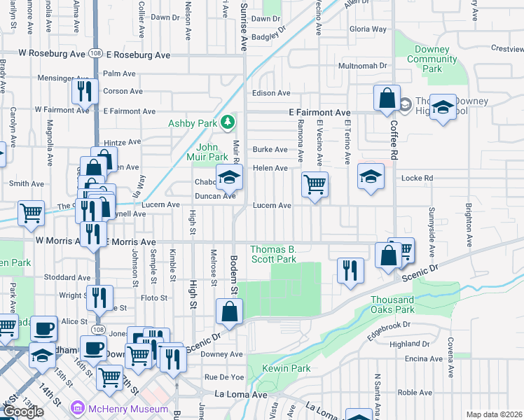 map of restaurants, bars, coffee shops, grocery stores, and more near 606 Auburn Street in Modesto