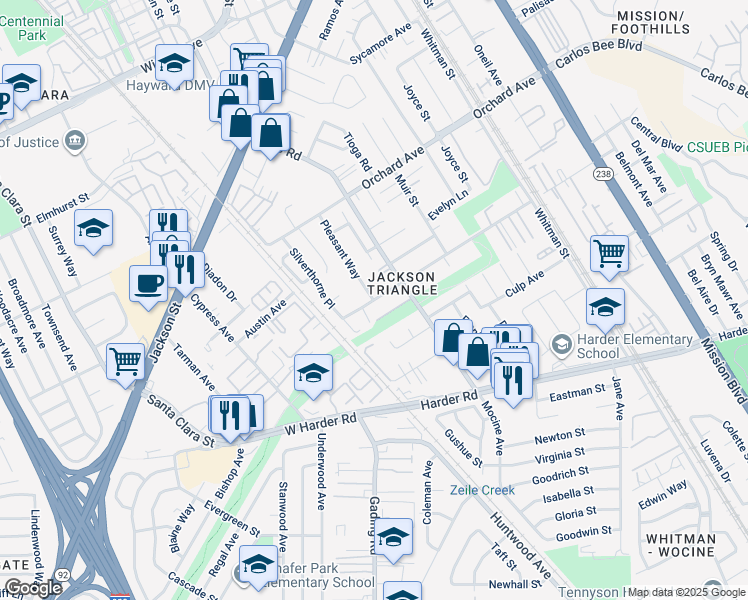 map of restaurants, bars, coffee shops, grocery stores, and more near 43977 Pleasant Way in Hayward