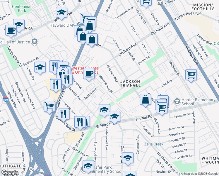 map of restaurants, bars, coffee shops, grocery stores, and more near 25028 Silverthorne Place in Hayward
