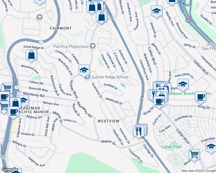 map of restaurants, bars, coffee shops, grocery stores, and more near 627 Foothill Drive in Pacifica