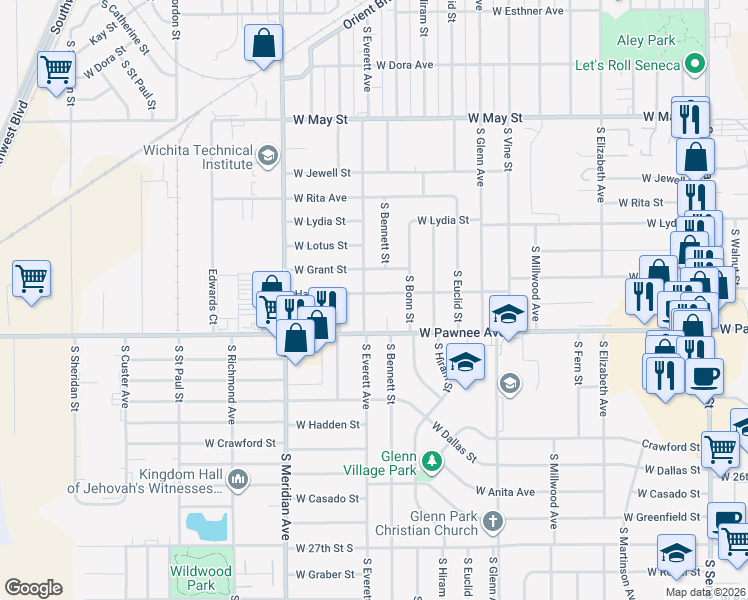 map of restaurants, bars, coffee shops, grocery stores, and more near 2128 Haskell Street in Wichita